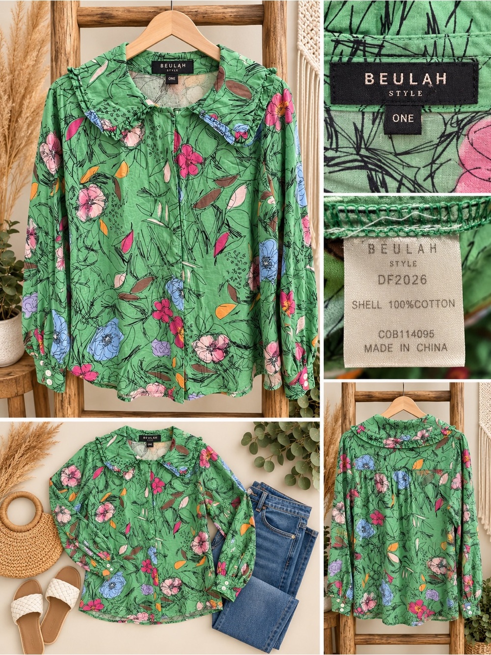 Beulah Green Floral Cotton Button-Up Blouse Size One